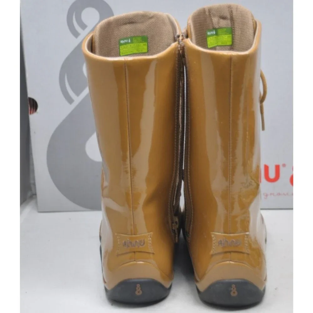 Ahnu Womens Patent Leather Boots Shoes Brown Side Zip Lace Up Size 9